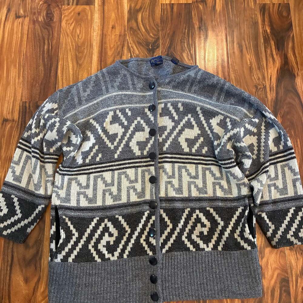Vintage Bonnie Lee Geometric Knit Cardigan Sweater Grey‎ Black Size 46 Large